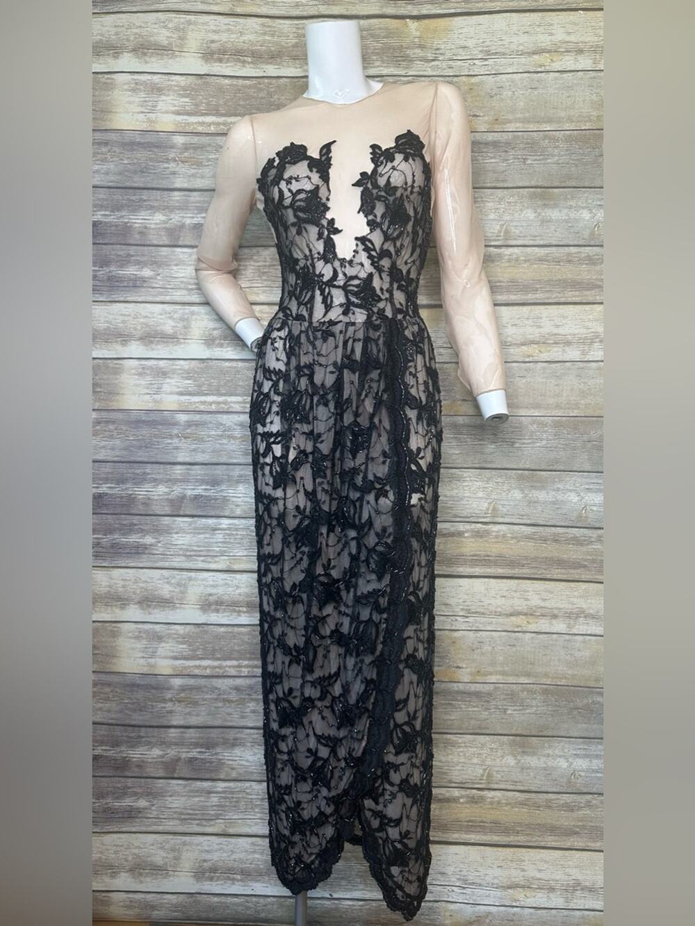 Vintage couture black lace beaded sheer bust gown stunning handmade hand beaded